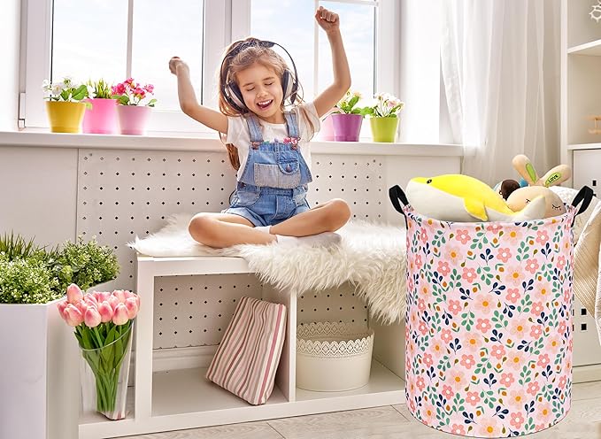 Kids Flower Hamper Storage Bins,Girls Room Decor Laundry Basket,Waterproof Clothes Organizer for Women Toy Box Large Canvas Collapsible Chest for Home/Dorm/Kitchen/Pet/Office/Closet/Shelf/Gifts