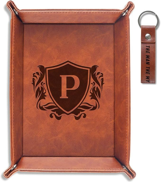 INNObeta Initial Valet Tray, Desktop Storage Organizer, PU Leather Bedside Tray Key Coin Holder, Personalised Gifts for Men, Birthday, Christmas, Letter P