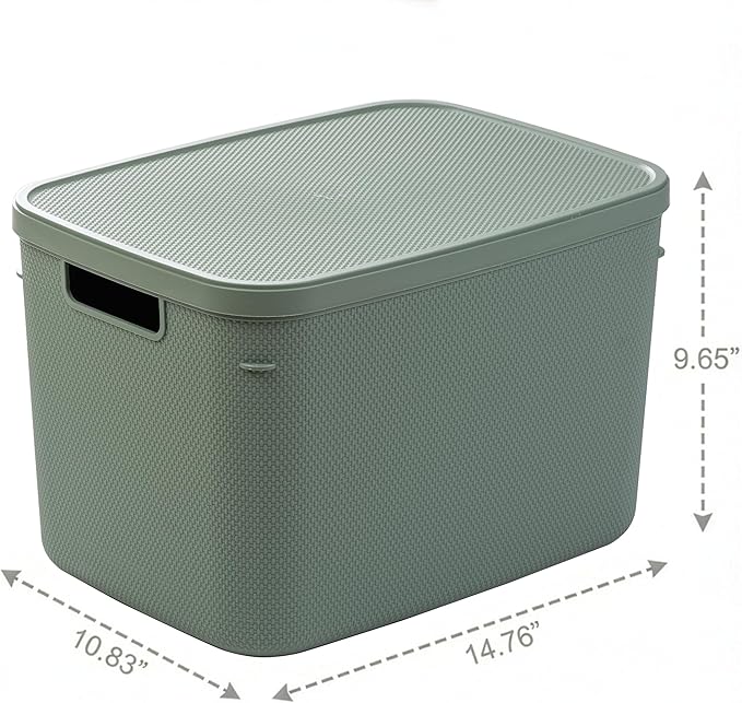 BINO | Plastic Storage Bins with Lids, 20 Liter - 3 Pack, Desert Green | THE TWILL COLLECTION | Plastic Bins for Organization | Woven Storage Baskets for Organizing | Pantry Shelf Organizer Basket Bin
