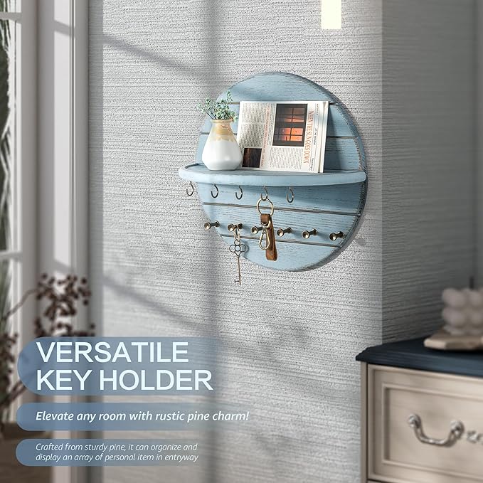 Rebee Vision Pine Wood Decorative Key Holder Wall Mount for Farmhouse Decor – Key and Mail Holder for Wall with Shelf and 11 Hooks – Hanging Mail Organizer for Home & Room Decor Aesthetic (Blue)
