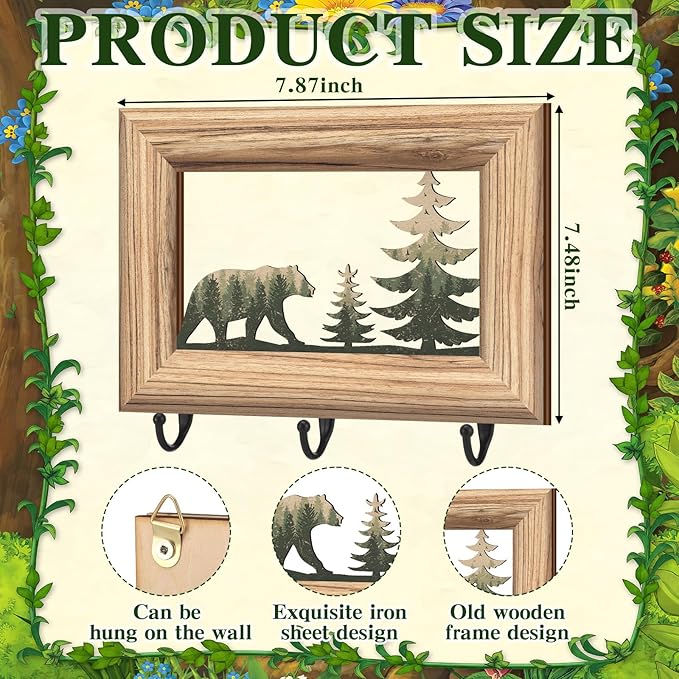 Woodland Bear Key Holder with 3 Metal Hooks Log Framed Black Bear Hooks Rustic Wildlife Cabin Farmhouse Forest Wall Mount Hanger Rack Key Hanger for Kitchen, Entryway, Hallway Decor