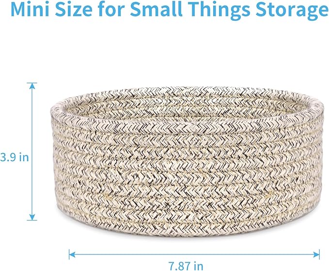 ABenkle Small Woven Basket, Empty Tiny Shallow Storage Basket, Mini Cotton Rope Baskets, Round Decorative Hamper, Basket Storage Bins for Toys, Spa, Socks, Nursery, Living Room- Mixed Brown