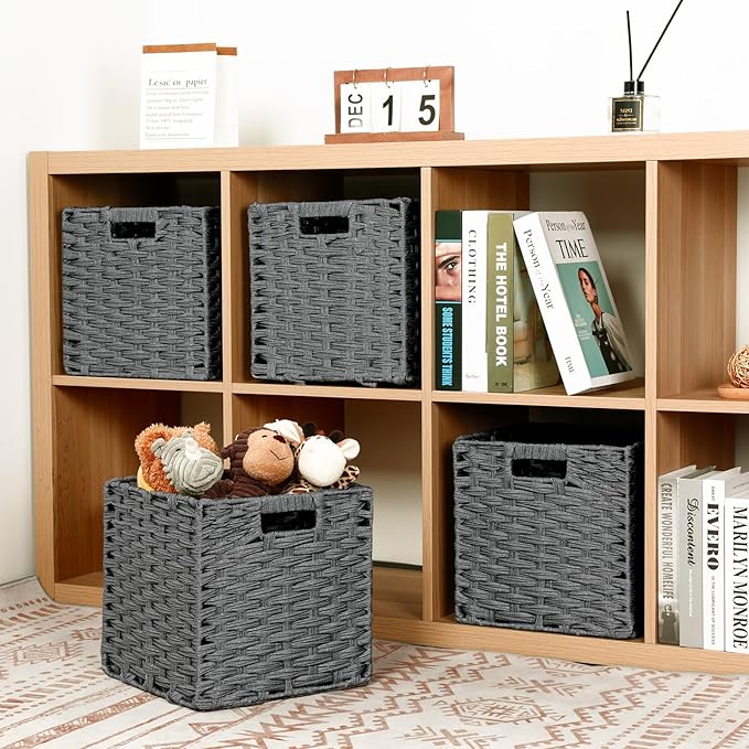 DULLEMELO 11x11 Wicker Baskets for Storage, Plastic Woven Cube Storage Bins for Shelves, Waterproof Foldable Wicker Baskets for Organizing Shelves,Closet, Clothes, Toys-Grey
