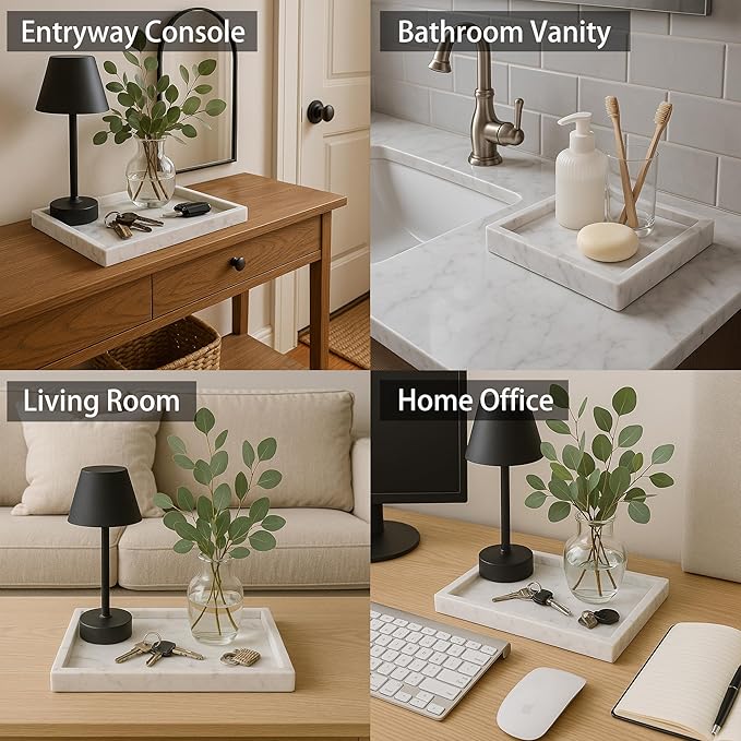 Luxury Square Marble Vanity Tray: Polished 8x8 Decorative Catch-All Tray for Bathroom Kitchen Dresser Makeup Home Organizer, White