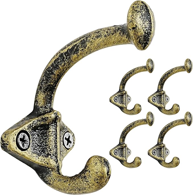 Dseap Cast Iron Wall Hooks, Heavy Duty Coat Hooks, Rustic Vintage Farmhouse Hook for Hanging Winter Coats Jackets Towels Hats Bags Plants, Antique Black& Gold, Pack of 5 (ShldCast)