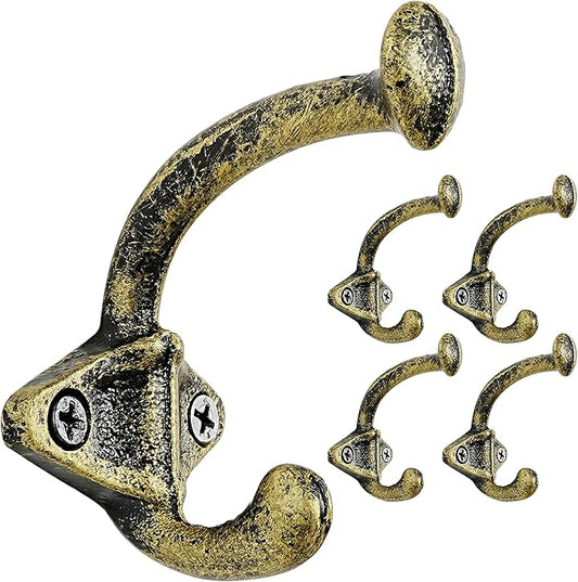 Dseap Cast Iron Wall Hooks, Heavy Duty Coat Hooks, Rustic Vintage Farmhouse Hook for Hanging Winter Coats Jackets Towels Hats Bags Plants, Antique Black& Gold, Pack of 5 (ShldCast)
