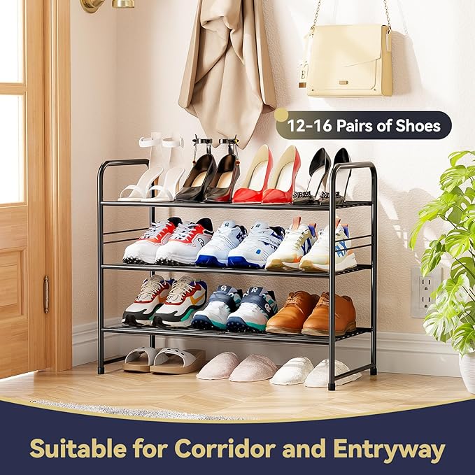 Shoe Organizer for Closet, Shoe Shelf Rack Metal 3 Tier with Stackable & Heavy Duty, Black