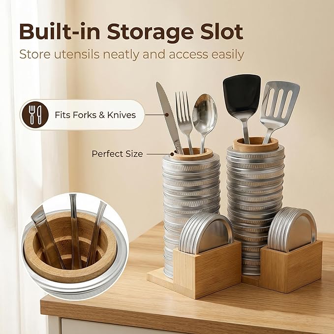 Mason Jar Lid Holder & Organizer Bamboo Storage Rack for Regular and Wide Mouth Lids and Rings Space-Saving Kitchen Mason Jar Accessories 2 Pack Holds 24 Lids & 24 Rings