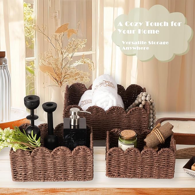 Scalloped Wicker Baskets, Set of 3 Hand-Woven Storage Baskets with Handles - Paper Rope Shelf Organizers & Decorative Baskets for Shelves, Closet, Bathroom (Brownï¼