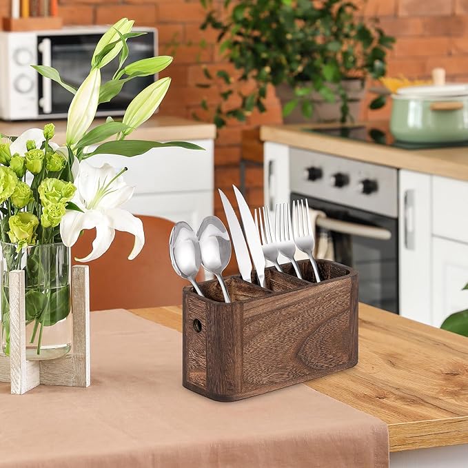 Wooden Silverware Holder for Countertop, Kitchen Utensil Caddy with 3 Compartments, Cutlery Storage Organizer Countertop, Flatware Organizer for Party, Spoon, Fork Holder