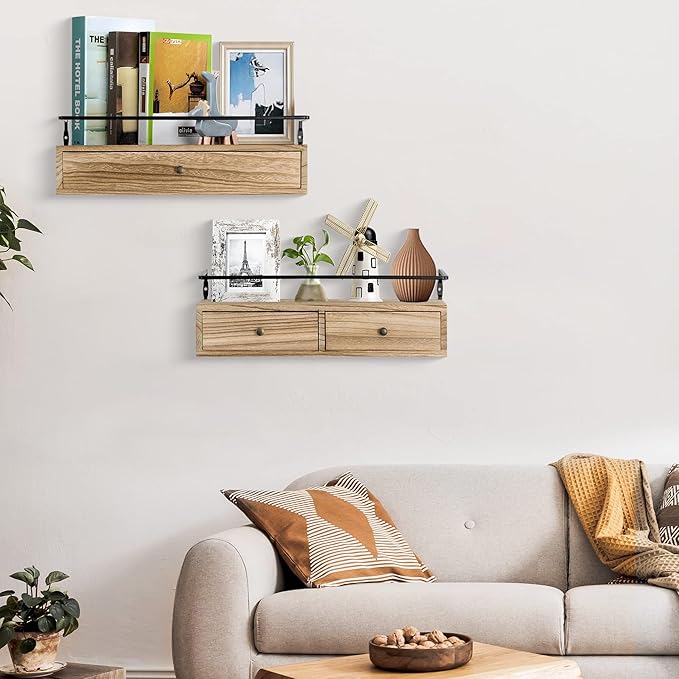 2-Pack Rustic Floating Shelves with Drawer, Wall Mounted Bathroom Shelf, 15.8 Inch Long, Brown Wood & Metal, 30 lbs Capacity