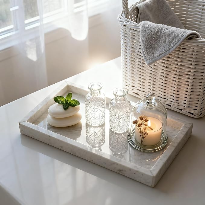 Natural Marble Vanity Bathroom Tray, 10" x 6.1" x 0.9" Not Plastic, Real Stone Home Decor Tray for Bathroom,Countertop,Kitchen, Sink Storage Holder Organizer for Soap Candles Perfume