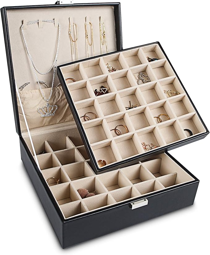 Frebeauty Earring Holder Organizer, 50 Slots Earring Organizer,2 Layer Jewelry Box for Earrings and Necklace,PU Jewelry Organizer,Jewelry Organizers and Storage(Black)