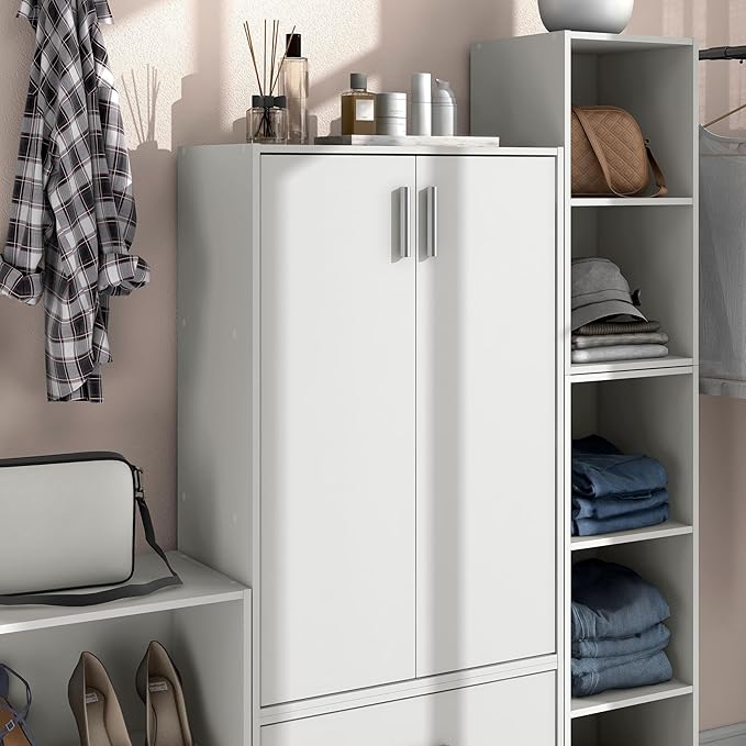 Homes: Inside + Out Apexa 3-Tier Stackable Wood Bookcase with Doors, Cube Storage Organizer Shelves, Small Food Pantry Cabinet, Dorm Teen Room Decor & Bedroom, Home Office, Kitchen, White