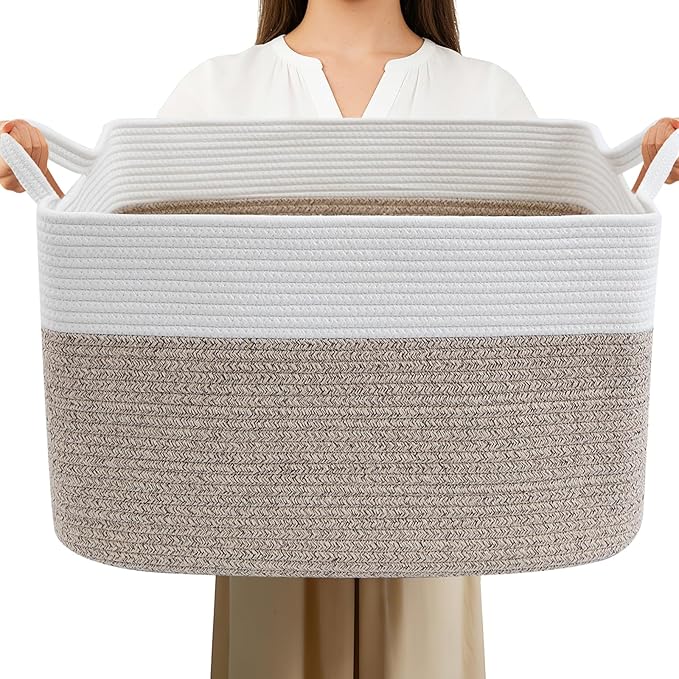 Magazine & Newspaper Baskets,65L Large Woven Rope Blanket Basket,21"x16"x12"Storage Bin with Handle,Toys Storage,Laundry Basket for Home Organization/Living Room/Nursery/Bedroom,White&Brown