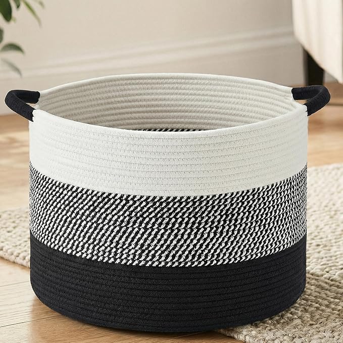 70L Large Cotton Rope Basket, Decorative Woven Blanket Storage for Living Room, Boho Toy Storage & Toy Box for Kids, Versatile Laundry Basket & Nursery Hamper for Blankets(Black)