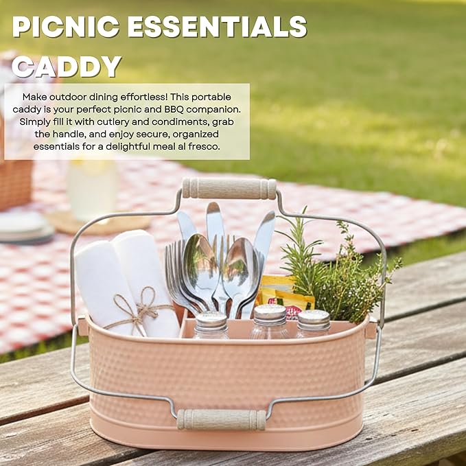 Alpha Living Home Metal Utensil Caddy - 4 Compartment Silverware, Flatware, Cutlery Holder with Handle - Kitchen Organizer for Countertop, Buffet, Picnic, BBQ, Farmhouse(Peach)