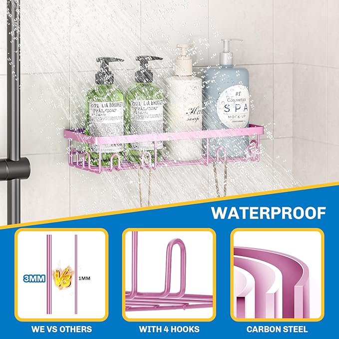 Shower Caddy 9 Pack,Adhesive Organizer for Bathroom Decor Accessories & Kitchen Storage,No Drilling,Large Capacity,Rustproof Stainless Steel Organizer,Home Decor Shelves (Pink 9 Pack)