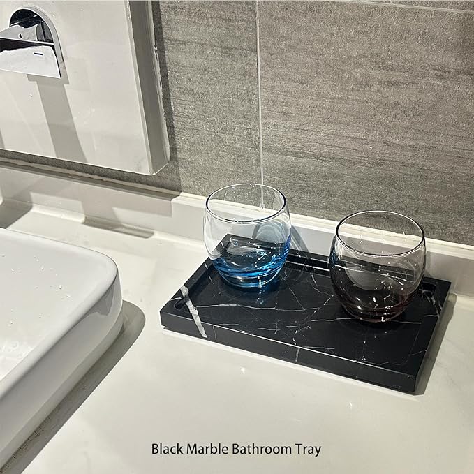Natural Black Marble Vanity Tray, 9.8"x5.9" Genuine Marble Stone Tray for Bathroom/Kitchen/Dresser