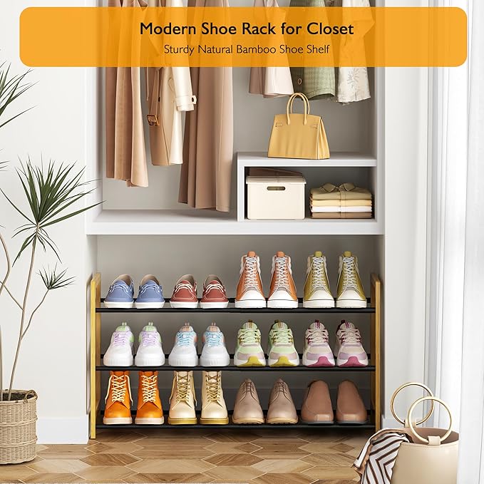 Expandable Shoe Rack for Closet,3 Tier Metal Shoes Shelf Organizer for Dorm,6-12 Pairs Small Standing Shoe Rack for Narrow Spaces,Entryway