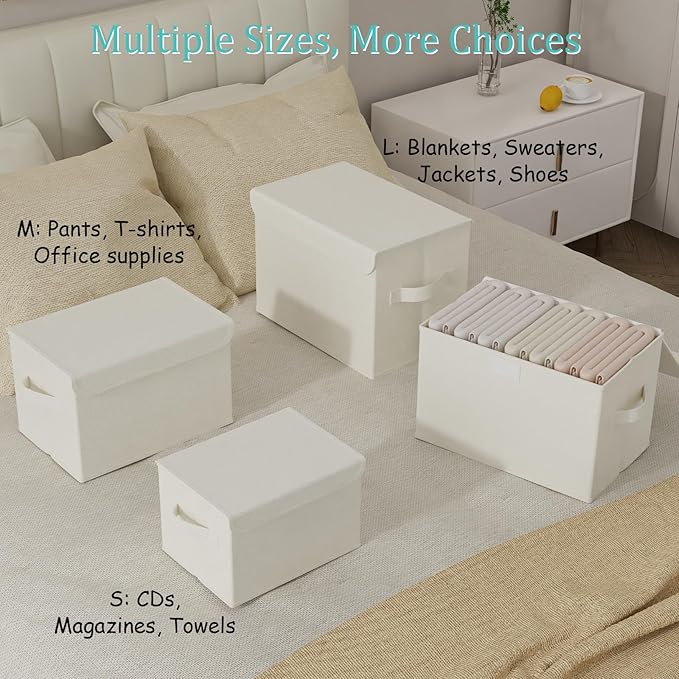 Fabric Storage Bin with Lid, Closet Boxes with Cover, Collapsible Stackable Organizer Basket with 2 Handles, for Home and Bedroom, 2 Pack, Beige, 10.2 x 7.9 x 6.7 In, XSNY12BES-2