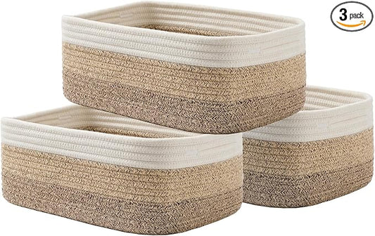 Small Woven Basket, 13.5 x 9.5 x 5 Inches, Storage Basket for Organizing, Cute Small Rope Shelf Closet Cube Storage Bins Baskets for Shelves, Dog Toy Gift Baskets Empty, 3 Pack Gradient Brown