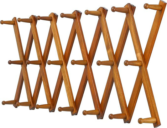 Dseap Accordian Wall Hanger: 16” High Wooden Wall Expandable Coat Rack, Hat Rack Holder, Accordion Hook for Baseball Caps, Coats, Mugs, 20 Peg Hooks, Brown
