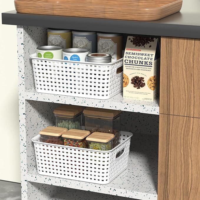 6-Pack Woven Plastic Storage Baskets, White Pantry Plastic Baskets