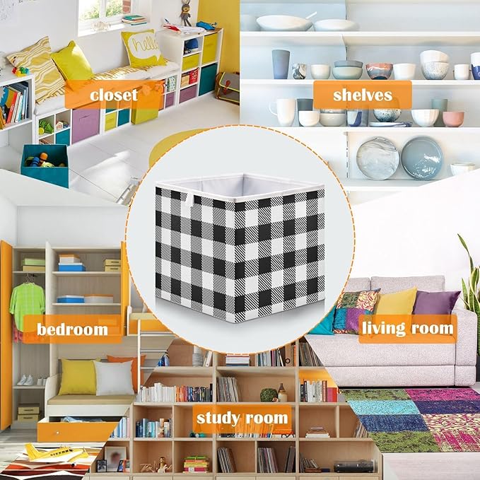 Blueangle White Black Buffalo Plaid Cube Storage Bin, 11 x 11 x 11 in, Large Collapsible Organizer Storage Basket for Home Décor