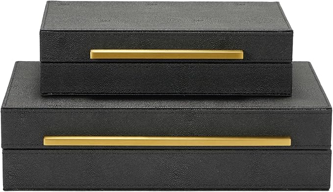 Set of 2 Black Shagreen Leather Decorative Boxes With Gold Handles, Faux Leather Jewelry Boxes Modern Storage Boxes Memory Boxes Home Organizer Box (Black-Gold, 2pack)