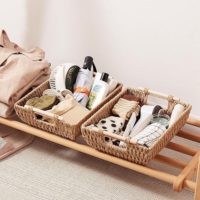 OIAHOMY Storage Baskets, Small Paper Rope Wicker Organizers with Wooden Handles, Baskets for Organizing, 2-Pack, Yellow