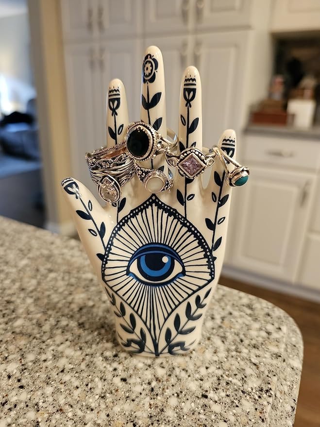 Hamsa Ring Holder organizer, aesthetic Room Decor with Blue Eye Boho style for Bathroom, Bedroom; Gifts for Women Home Decor