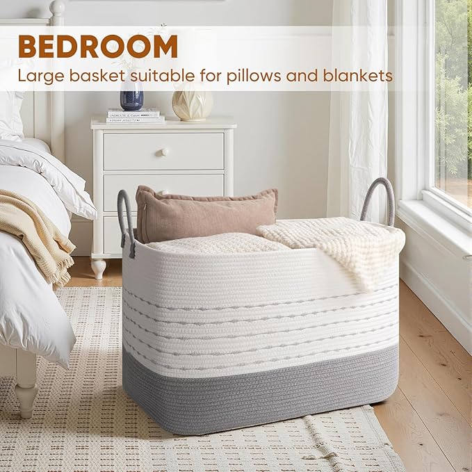 XXL Large Blanket Basket for Living Room, 108L Woven Storage Baskets for Organizing, Rectangle Cotton Rope Basket Toy Chest With Handles-Grey & White