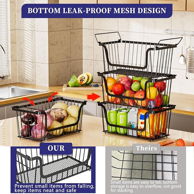 6 Pack Enhanced Leak-Proof Bottom Stackable Wire Baskets, Pantry Organizers and Storage, pantry storage，Shelf Baskets, Fruit Basket, Potato and Onion Storage Bins，(Black)