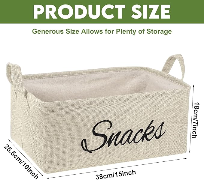 17 Pcs Snack Basket Sets, Snack Storage Bin for Pantry Shelves with 16 Pcs 2 Inch Chip Clips, Basket Organizer for Kitchen, Chips, Popcorn, Candy, Pretzels (Cream-colored,Burlap)