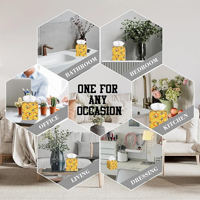 Tissue Box Cover Honeycomb and Bees Leather Tissue Box Holder Cube Paper Case Cover Facial Paper Organizer Dispenser for Bathroom, Vanity Countertop, Office Desk