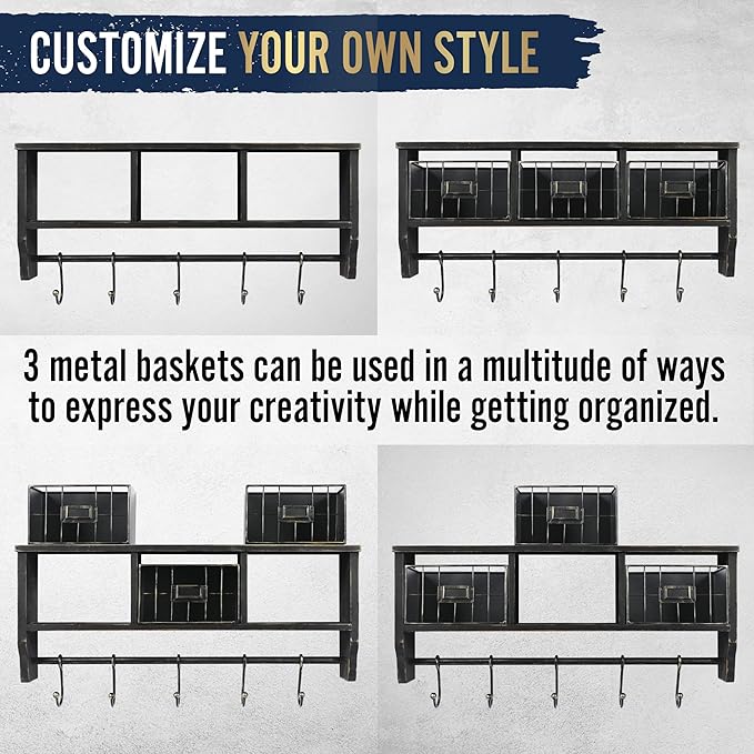 HBCY Creations Wall Mounted Shelf with Coat Hooks and Baskets, Solid Wood Entryway Organizer Wall Shelf with Hooks - Hang Coats, Keys or Coffee Mugs, Rustic Blackwash 24" Wide