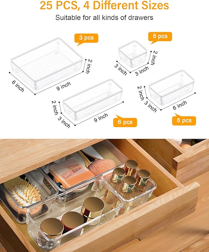 25 PCS Clear Plastic Drawer Organizers and Dividers, 4 Sizes Stackable Drawer Storage Bins and Organizer Trays for Bathroom, Kitchen, Office, Makeup, Vanity, Utensils, and Crafts