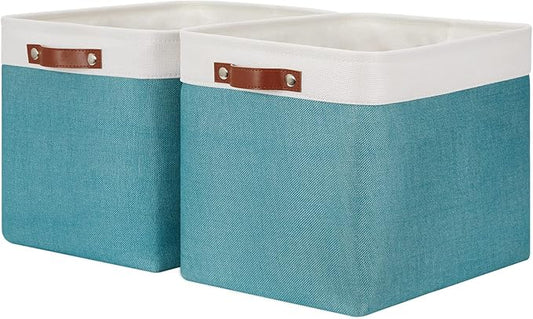 HNZIGE Extra Large Fabric Storage Bin Baskets for Organizing Shelves [2 Pack] Storage Baskets for Closet 16" X 11.8" X 11.8" Rectangular Storage Basket Bin for Organization Living Room(Teal&White)