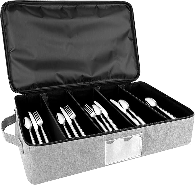 Flatware Storage Case-5 Compartment Silverware Storage Container Box with Removable Lid and Easy to Carry Handles,Cutlery Storage Holder with Zipper Lid for Organizing Cutlery