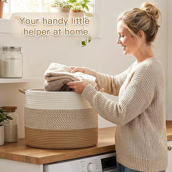 40L Large Cotton Rope Basket, Decorative Woven Blanket Storage for Living Room, Boho Toy Storage & Toy Box for Kids, Versatile Laundry Basket & Nursery Hamper for Blankets(Brown)