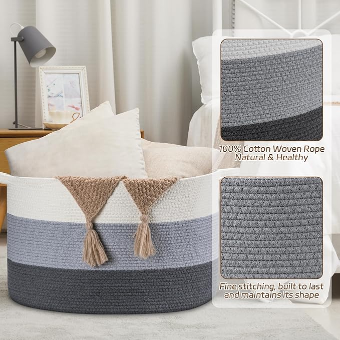 XXXLarge Woven Cotton Rope Basket (21.7" x 13.8") 90L – Blanket Basket for Living Room, Laundry Hamper, Baby Laundry Hamper, Toy Storage, Pillows & Cushions Organizer (White & Blue)