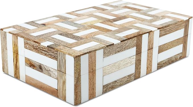 Handicrafts Home White Decorative Box with LidâMarquet Resin Inlay & Wood Decorative Boxes for Home Decor, Decor, Storage Box for Jewellery & Keys White Brown Neutral Decorative Storage Box-10x4.5x2.5