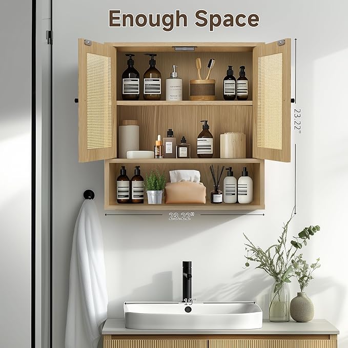 Wall Mounted Rattan Cabinet | Boho Medicine Cabinet for Bathroom | 3-Tier Storage with Doors | for Kitchen, Living Room, Over Toilet Storage | 23.2"x7.68"x24" Natural Rattan（Oak）