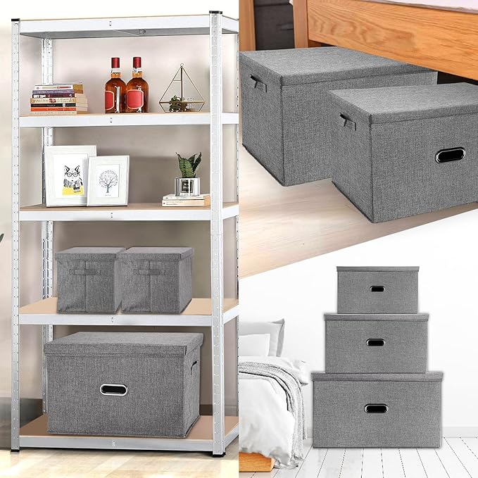 Large Linen Fabric Foldable Storage Bins with Removable Lid and Handles, Washable Storage Box Organizer Containers Baskets Cube with Cover for Bedroom,Office(Coffee, XXL)