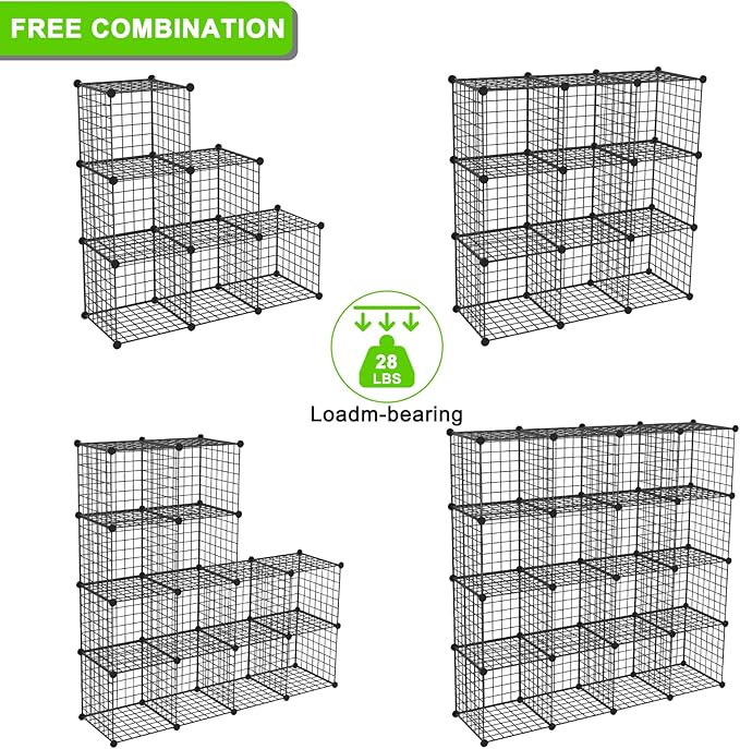 TUMUCUTE Wire Storage Cubes, Metal Storage Shelves Bookshelf, Stackable Modular Closet Organizer for Bedroom Living Room, Office, Black (16 Cubes, Iron)