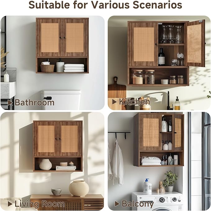 Wall Mounted Cabinet with Rattan Double Doors, 3-Tier Storage for Bathroom Over Toilet, Floating Shelf for Towels & Decor, Boho Medicine Cabinet for Kitchen, Dining Room, 23.23 x 7.68 x 24 in