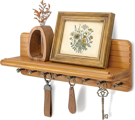 Rebee Vision Farmhouse Key Holder Wall Mount for Room Decor – Modern Key Hanger with 8 Durable Hooks & Floating Shelf Suitable for Perfume Storage– Mail Organizer for New House Essentials(Yellow)