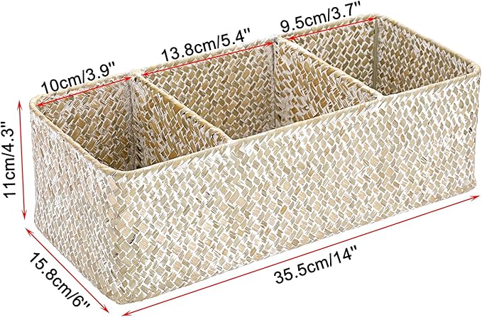 Hipiwe Seagrass Storage Basket Bin- 3 Sections Hand-Woven Toilet Basket Wicker Shelf Basket Bathroom Organizer Bins for Shelves, Kitchen, Pantry, Closets, Toilet Paper Tissue Organizer