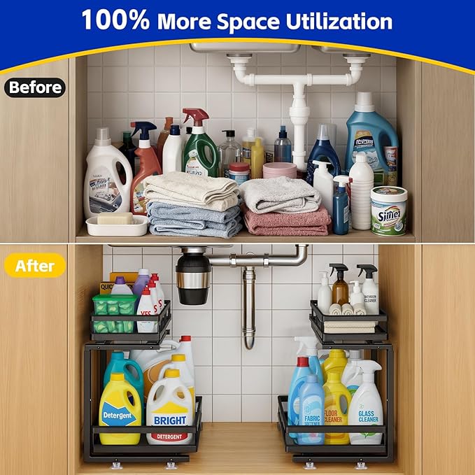 Under Sink Organizer, Dual-Rail Ball-Bearing, Under Kitchen Sink Organizer, 6-Level Adjustable, Under Cabinet Organizer, No-Drill Adhesive/Suction, Under Sink Storage (Black, Double Layer - 1 Pack)